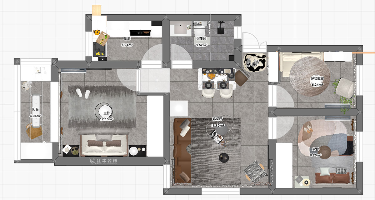 刘萍萍｜秦虹小区莺虹苑12-56-701-78㎡-简欧风格｜3室2厅1卫｜老房装修｜定制家｜全包12万｜00_04平面彩图